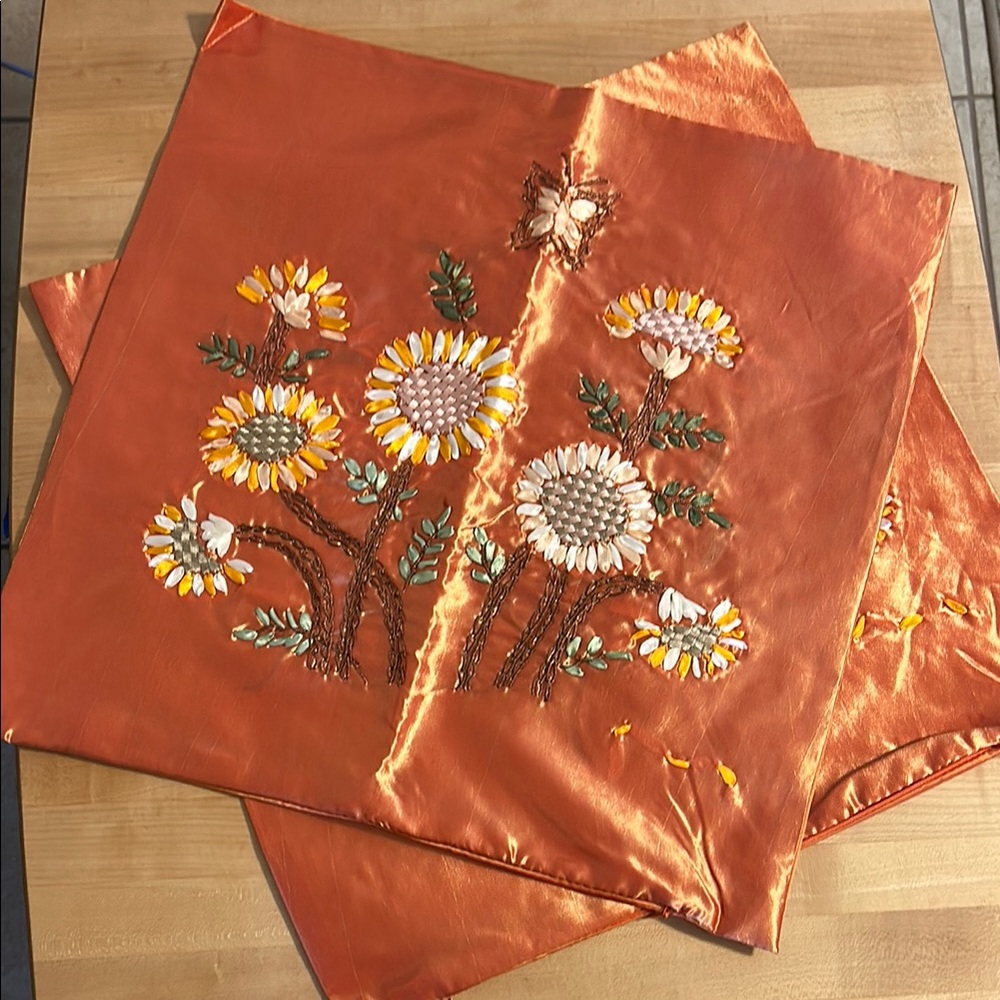 Two Silk Embroidered Floral Pillow Covers